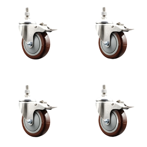 Service Caster 4 Inch 316SS Maroon Polyurethane Swivel 10mm Stem Caster Set Lock Brake SCC SS316TSTTL20S414-PPUB-MRN-M1015-4 - main